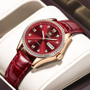 OLEVS 6637 Mechanical Women Fashion Watch Gift Genuine Leather Watchband Round-dial Wristwatch Week Display Calendar Luminous