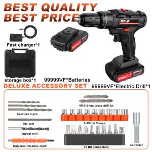 DAYI 99999VF High-Power Li-ion Cordless Drill with LED Light 3+3 Gear Settings and 25 Torque Levels - 33PCS Accessory Kit Rechargeable & Cordless Electric Hand Drill with 9999 Hours Battery Life