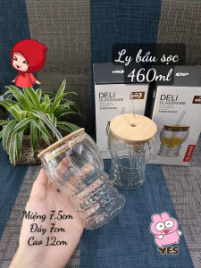 Ly thủy tinh bầu sọc dáng loe siêu nhẹ CÓ NẮP GỖ KÈM ỐNG HÚT THUỶ TINH dùng để uống cafe bạc sỉu sinh tố- 460ml.