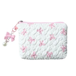 IFFINE Quilted Cotton Makeup Bag Little Bow Large-Capacity Girls Make Up Organizer Fresh Small Floral Travel Cosmetic Bag for Women