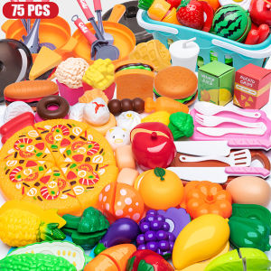 75/111Pcs Kids Cuttable Simulation Vegetable and Fruit Play Set Cutting Toy Childrens Cutting Fruit Play Learn Education Toys 儿童过家家玩具厨房切水果套装蔬菜宝宝可切菜男孩女孩蛋糕切切乐