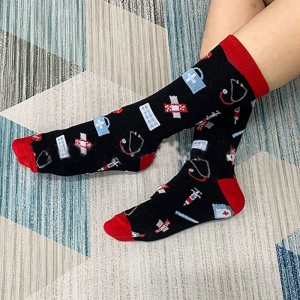Men Women Novelty Cotton Crew Socks Doctor Nurse Funny for Pill Electrocardiogram Printed Mid Tube Hosiery Hospital Workers Gifts