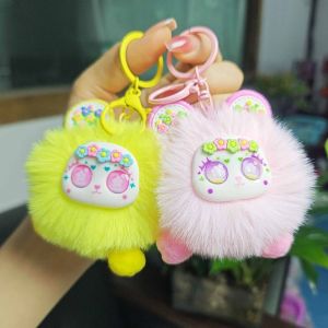 REEBO Cute Flower Sea Bear Keychain Pompom Lovely Plush Bear Pendant Plush Keyring Kawaii Furry Bear Keychain Bag Ornaments