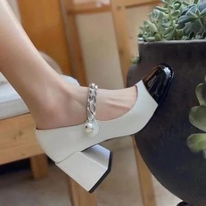 Summer Shoe Woman 2026 High Heels Luxury Shoes Women Mary Janes Pumps Square Toe Leather Sandals Black White Patchwork 39