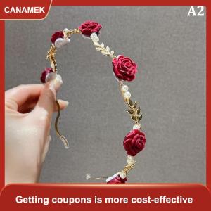 【CANAMEK】 Phụ Nữ Thanh Lịch Rose Vine Headband Tóc Phụ Kiện Mũ Cô Gái Cổ Điển Kim Loại Hoa Ngọc Trai Màu Đỏ Hoa Hồng Trắng Tiara Hairbands