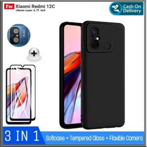 Paket 3in1 Case Xiaomi Redmi 12C A1 A2 Casing Cover Free Tempered Glass Full Layar Dan Camera