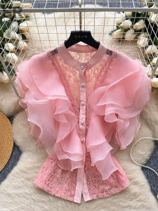 SINGREINY Luxury 3D Ruffles Blouses Women French Style Single Breasted Lace Patchwork Shirt Summer Versatile Gentle Loose Tops2026