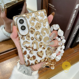For Phone Case Leopard Print TPU Keychain Chain Leopard Print Plating Fold Phone Case For i 15 Cover 手机壳 Aesthetic Korean Cute