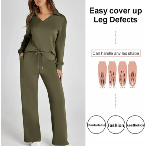 Long Sleeve V-Neck Sweatshirt and Wide Leg Pants Set for Women casual sports suit Long-sleeved V-neck sweatshirt + wide-leg pants two-piece suit for women