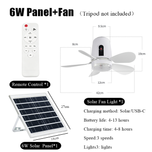 Solar Ceiling Fan With Panel With Tripod Inverter Portable Rechargeable Solar Powered Fan Electric Solar Fan with LED Light for Home Outdoor Gazebo Greenhouse