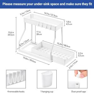 2-Tier Sliding Cabinet Basket Organizer with HooksMulti-Purpose Under Sink Organizers and Storage Kitchenware Storage Rack