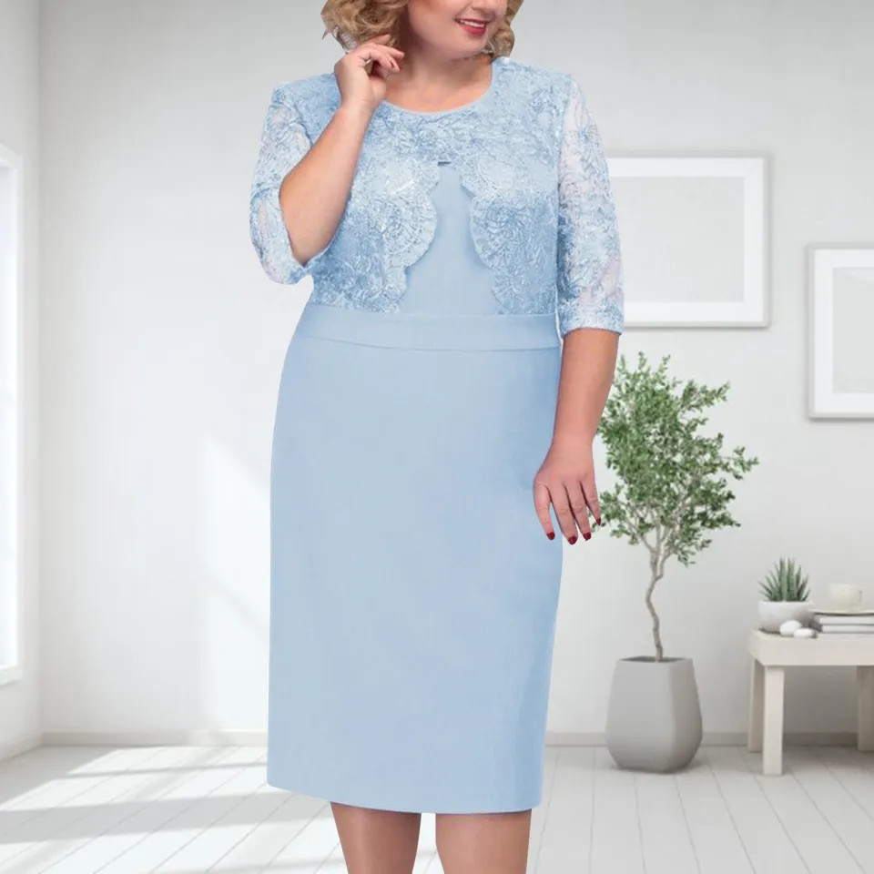 Women O Neck Two-piece Formal Lace Half Sleeves Plus Size Mid-aged
