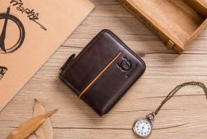 BULLCAPTAIN Zipกระเป๋าสตางค์ใส่เหรียญผู้ชายRFID Brushlessกระเป๋าสตางค์หนัง