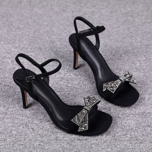 Huilm womens high heels 2 inches high heel 2022 new summer temperament rhinestones all-match fashion bow party shoes office shoes womens sandals