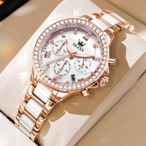 OLEVS 9999 Fashion Quartz Women Watch Gift Ceramic Watchband Square-dial Wristwatch Chronograph Calendar Luminous Stopwatch Small second