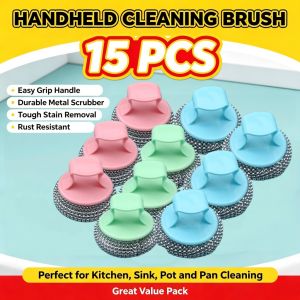 15Pcs Metal Steel Wool Ball With Handle Sponges Kitchen Scouring Pads Utensil Cleaning