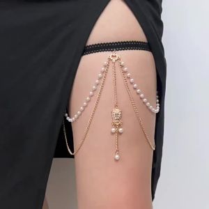 European and American Beach Elastic Multi-layer Pearl Thigh Chain for Women Trendy Rhinestone Leg Chain with Tassels and Geometric Body Chain