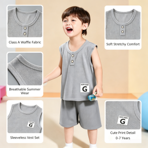 AILEBE Kids SetsA-Class Waffle Terno Sando Shorts Set Soft Elastic Breathable Summer Wear Cute Sublimation Print Style Comfy Pambahay OOTD For Baby Boys Girls 0-7 Years