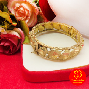 กำไลคลิปล็อคทองเหลืองลายใบไม้ตัดลาย เส้นผ่านศูนย์กลาง 5.3 ซม. งานทองเหลืองแท้ งานดิบไม่ได้ชุบ ทองเหลืองโบราณ