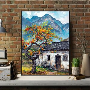 Tranh Canvas Hồng Chín Trĩu Quả bên hiên nhà Trang trí Nhà Cửa Phòng Khách Nhà Hàng Quán Cà Phê