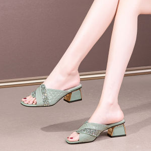 2025 New Rhinestone Thick-Heeled Slippers For Women Fashionable And Versatile Square-Toed High Heels For Outdoor Wear