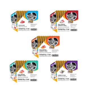 Pet8 อาหารเปียกแมว ปลาทูน่า 5 รสชาติ ขายดี ยกโหล ในเยลลี่ 85 กรัม