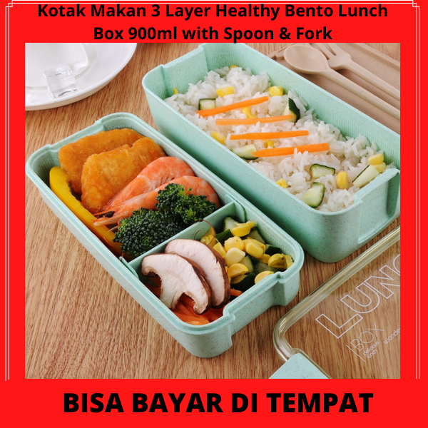Kotak Makan 3 Layer Healthy Bento Lunch Box 900ml with Spoon & Fork / Tempat Makanan Sehat 3 Kotak / Tempat Penyimpanan Makanan / Box Makanan 900ml