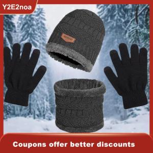 【Y2E2noa】 3-Piece Winter Mens Hat Set Scarf Gloves And Neck Warmer All In One Fleece-Lined Knitted Hat