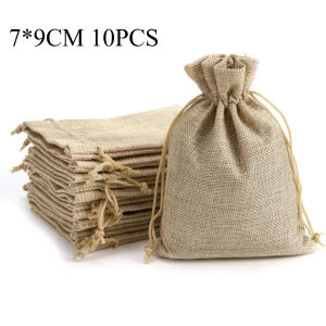 10pcs Drawstring Burlap Bag Linen Handmade Coffee Bag Soap Jewelry Gift Burlap Bag For Wedding Party