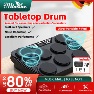Minsine Multifunction Portable Electronic Drum Set 7 Velocity-Sensitive Pads Tabletop Drum Built-in 2 Speakers Stereo Rechargeable Practice Drum Pad Support Recording Function/ Audio Input/ MIDI Output