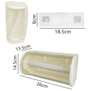 Anti-dust kitchen paper towel storage box with two compartments for paper towels and plastic wrap mounted on a refrigerator.