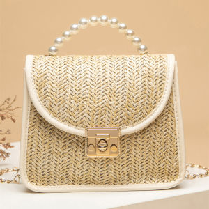 【COD&Local】Summer Casual Wild Straw Braid Handbag Pearl Top Handle Creative Dating Beach Messenger Shoulder Bag with Chain