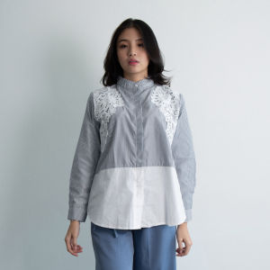 QUEENTIN Kemeja Wanita Kombinasi 0574 Katun Polymicro Motif Salur Mix Katun Bordir Lengan Panjang