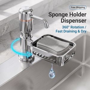 Kitchen Sink Soap Dispenser Built-in Stainless Steel with Extension Tube & Sponge Holder Space Saving
