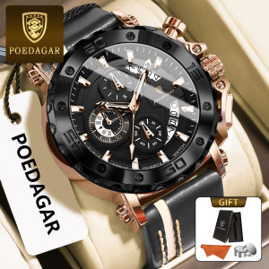 Poedagar Đồng hồ nam chính hãng dây da lịch dạ quang Chronograph đa chức năng 100% chống thấm nước Đồng hồ thạch anh 892