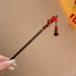 REEBO Flower Wooden Hair Stick Red Tassel Hanfu Hairpin Classical New Year For Girl