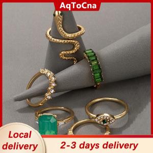 [COD] AqToCna Ship within 24 hours 6pcs set Luxury Green Rhinestone Snake Rings for Women Vintage Crystal Jewelry