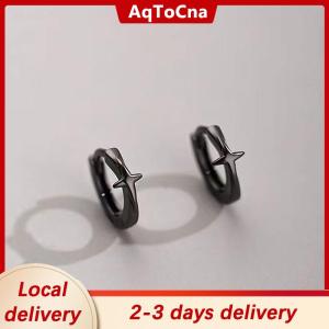 [COD] AqToCna Ship within 24 hours Four-pointed Star Cross Small Hoop Earrings For Men Women Hip Hop Retro Black Silver-color Street Gothic Ear Jewelry
