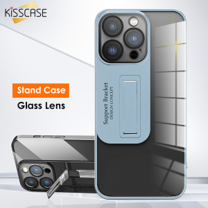 Kisscase Ốp có giá đỡ vô hình cho iPhone 14 Pro Max với tấm dán bảo vệ ống kính vỏ bảo vệ camera kính sang trọng mạ điện trong suốt rõ ràng ốp lật bên đứng nâng cao cảm giác bao gồm tất cả vỏ cứng đôi bảo vệ điện thoại di động ốp lưng