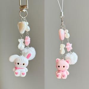 Minwen Cute Rabbit Kitty Bear Pendant Key Chain Fluffy Ball Bow Bead Mobile Phone Chain Anti-Lost Lanyard Kawaii Bag Charm Gift
