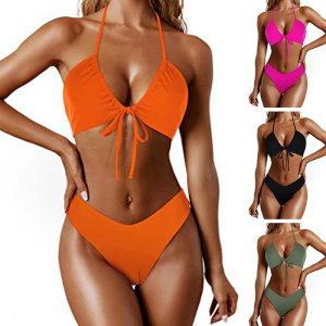 Fashionable Women V Neck Swimsuit Halterneck Swimwear Adjustable Back Tie Bathing Suit Padded Swimming Costume for Beach