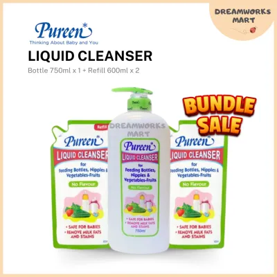 Bundle of 3 Pureen Liquid Cleanser No Flavour Bottle 750mlx1 and Refill 600mlx2