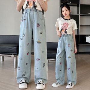 New Jeans Summer Kids Girls Jeans Flower Jeans 6-17yrs Wide Leg Butterfly Embroidery Trousers Loose Jeans Straight Leg Denim Jeans for Kids Girls