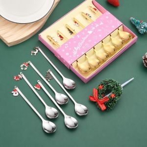 VIVIDI Elk Pendant Christmas Spoon Set Creative Tableware Stainless Steel Coffee Spoon Exquisite Exquisite Craft Dessert Spoon Xmas Gifts