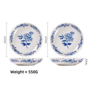 OMK American Style Underglaze Ceramic 9 inch Deep Dish Dinner Plate Salad Bowl 1 piece / 2 pieces / 4 pieces Blue and Flower Design