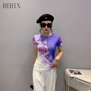 REHIN Womens top mesh print smudge short sleeve T-shirt round neck slim and thin elegant blouse