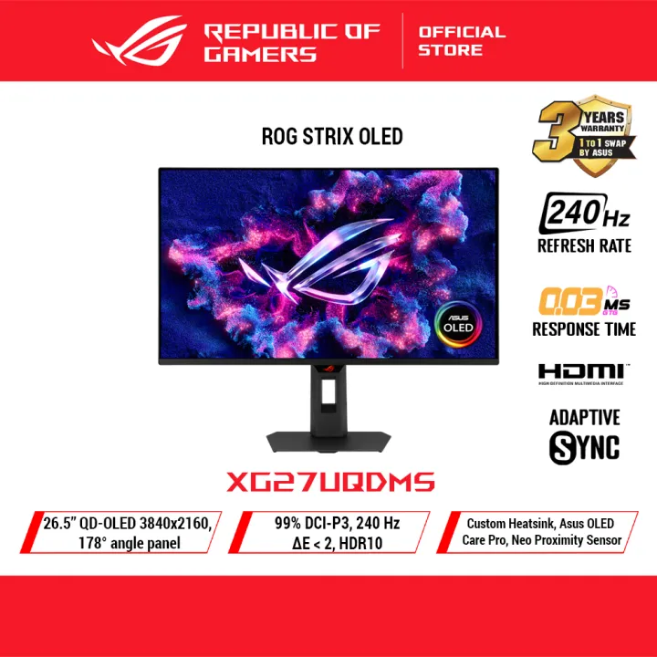 ROG Strix OLED XG27UQDMS gaming monitor - 27-inch, 4K (3840 x 2160) QD-OLED panel, 240 Hz, 0.03 ms (GTG), G-SYNC® compatible, custom heatsink, Neo Proximity