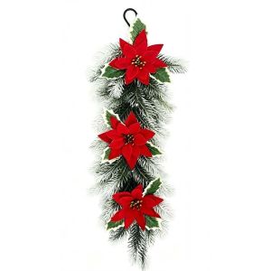 HUNIU Red Berries Christmas Door Swag Teardrop Shape Poinsettia Blossoms Artificial Pine Festive Greenery Pendant Vibrant Colors Xmas Wall Wreaths Home Decoration