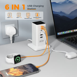 TESSAN 30W Multi-Device Charging Station – Compact Power Tower with 6 USB Ports Dual USB-C & Universal Plug