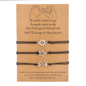 Personalized Sun Moon Star 3‑Piece Wax Rope Bracelet Set Couple Friendship Matching Woven Bracelets Adjustable Handmade Fashion Jewelry Accessories Ideal Gift For Best Friends Lovers For Birthday Valentine Holiday Casual Daily Wear